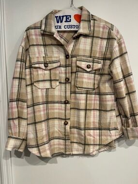 Plaid Button-Up Shacket in Cream, Beige & Pink